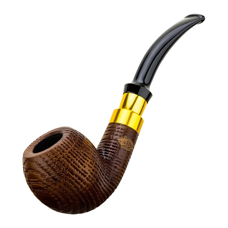 Oak Wood Sandblasted 9mm Flue Filter Tobacco Pipe Men Bent Type Gold And Silver Ring Handmade Smoking Pipe Gift Accessory