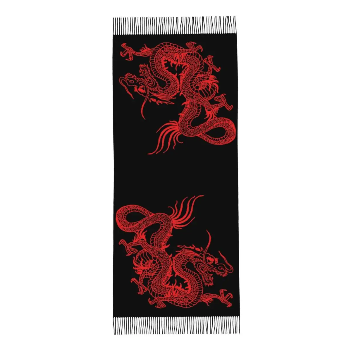 Female Long Red Chinese Dragon Scarves Women Winter Soft Warm Tassel Shawl Wraps Asian Oriental Style Art Scarf