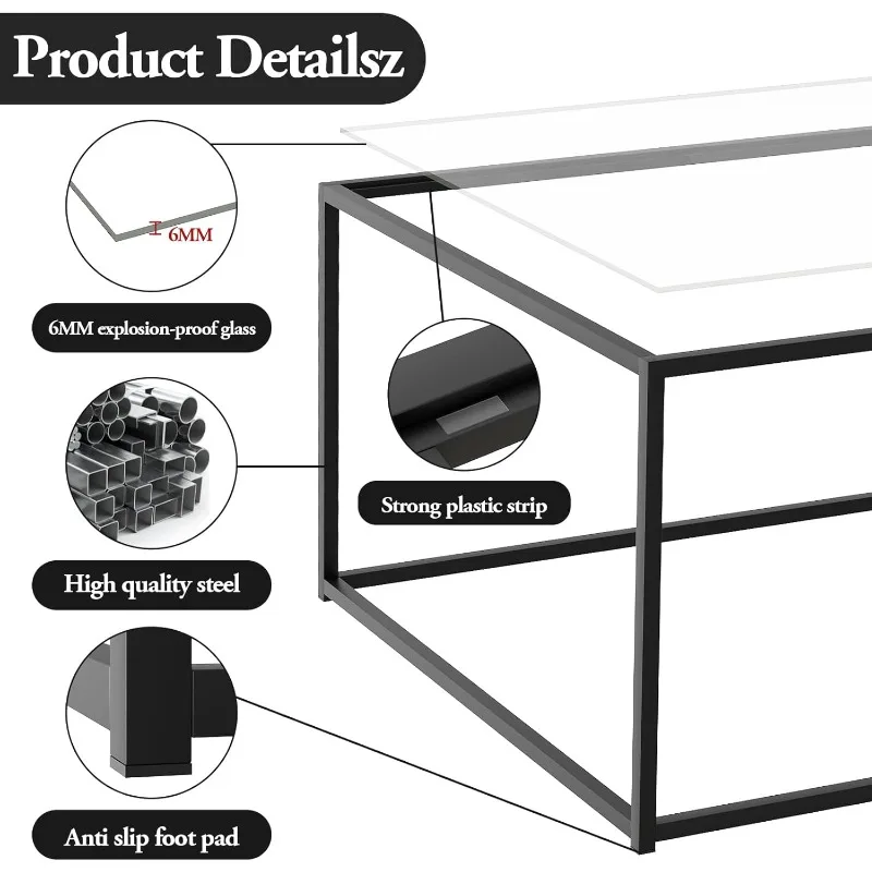 Glass Coffee Table for Living Room,Square Coffee Tables for Small Spaces,Simple Tea Cocktail Modern Center Tables 5
