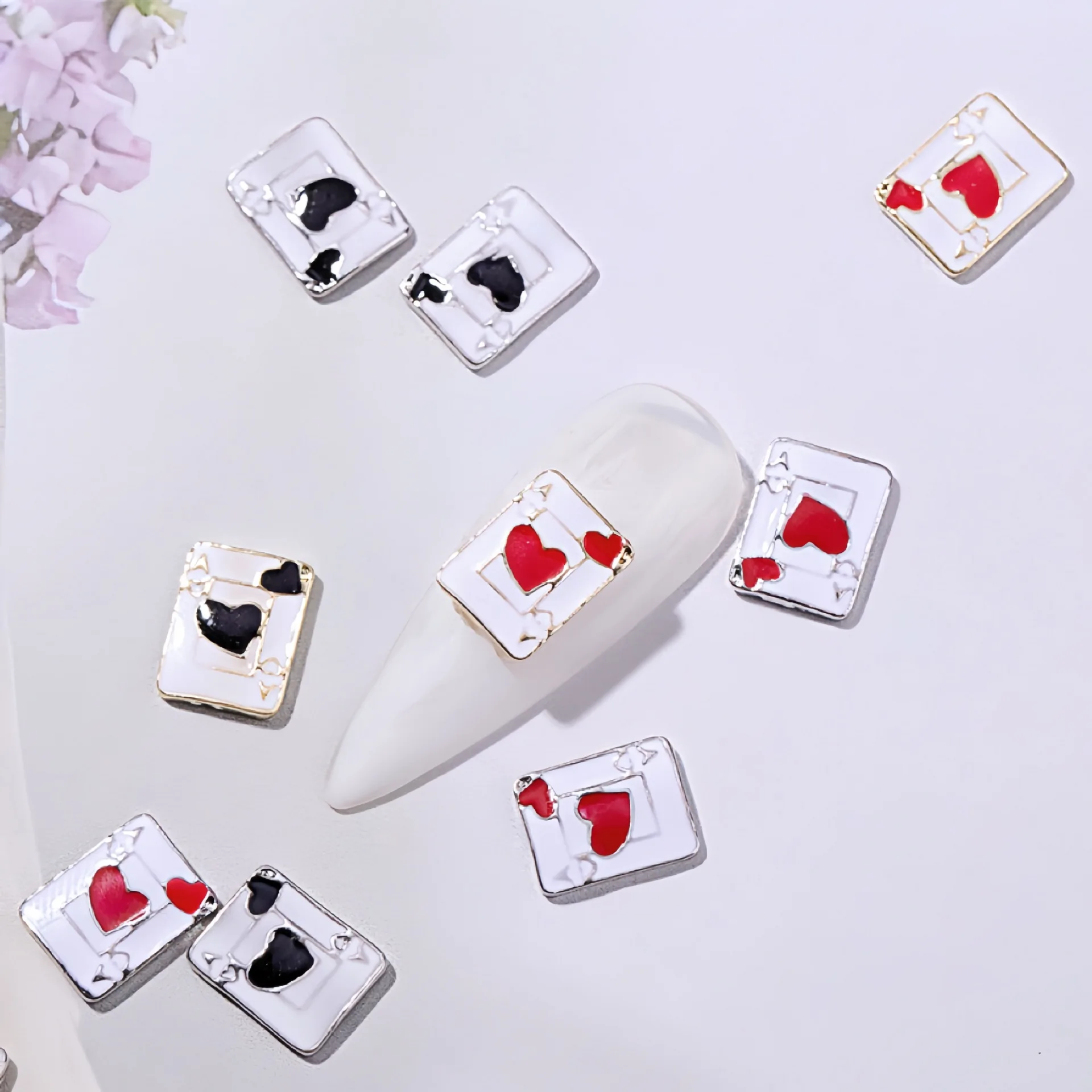 

10pcs New Red Black Peach Heart Poker Design Nail Decorations Japanese Luxury Alloy Nail Art Charms Rhinestones DIY Accessories