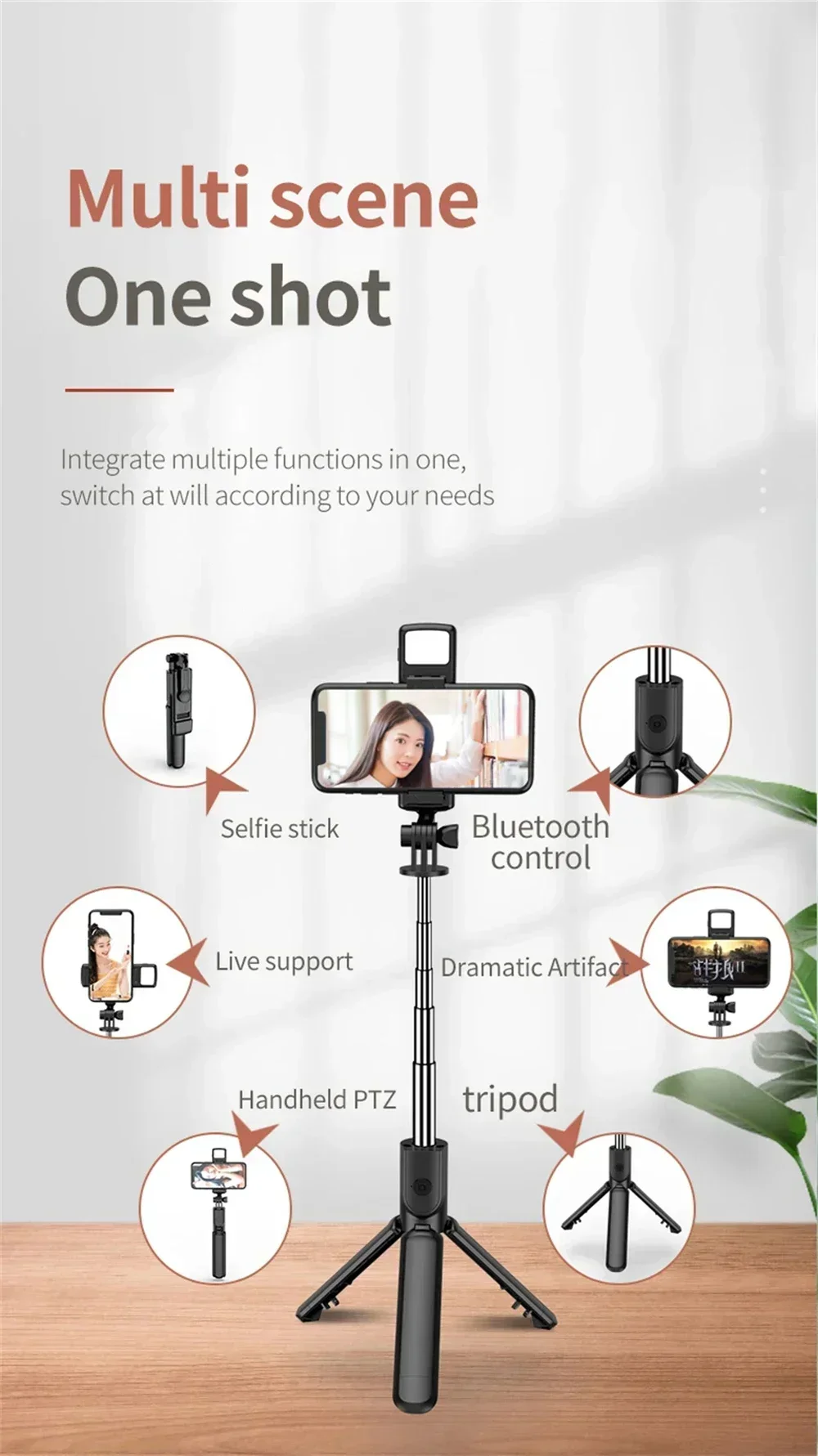 Description Picture 5 of itemBluetooth Wireless Selfie Tripod 3 In 1 With Fill Light Shutter Remote Control Portable Foldable Monopod For iPhone Smart Phone