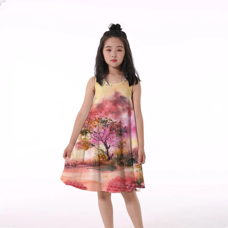 cute dresses 2022 Summer Girls 3D Print Dresses Kids Girl Party Sleeveless Princess Dress Tank 3D Print Pretty Gradients Flower Dress western dress