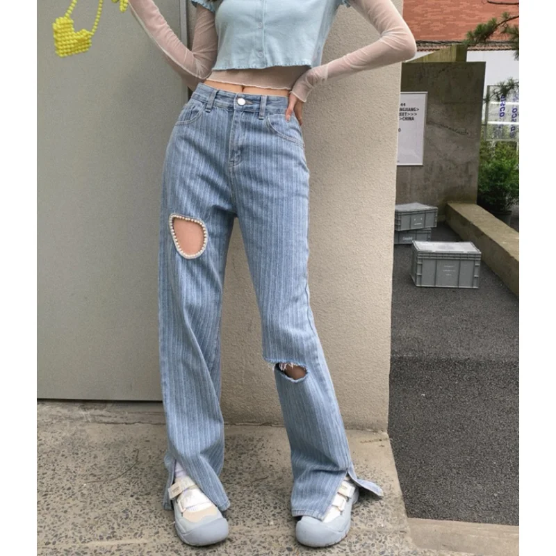 

Women Blue Jeans Hollow Out Design Vintage Straight Baggy Pants Chic Design Streetwear Fashion Y2K Denim Summer Wide Leg Trouser