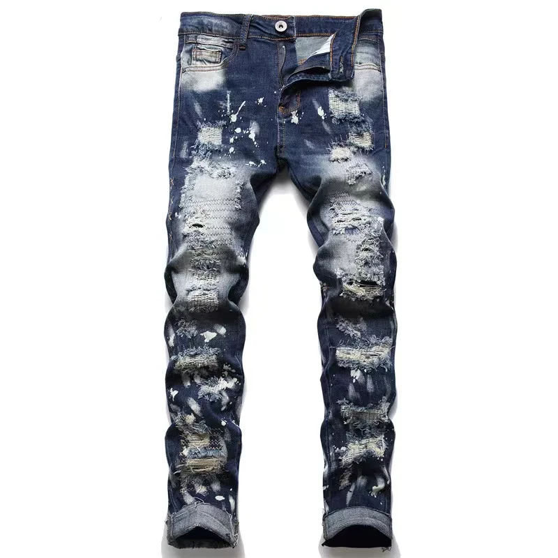 EH·MD® Double-layer Scratched Ripped Jeans Men's Zipper Decoration Splashed Ink Soft Slim Cotton Stretch Pants Four Seasons 2022