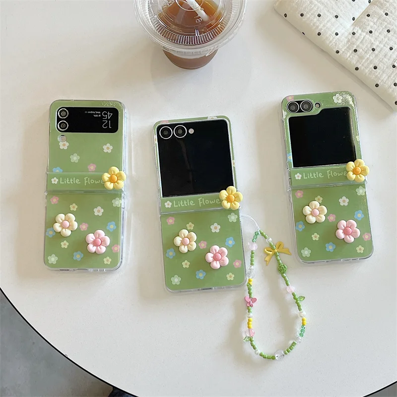 Charming 3D Flower Green Phone Case with Beaded Lanyard - Foldable Protective Cover