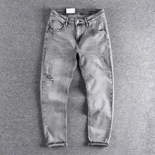 

2022 spring and summer new menswear cigarette heavy industry washing cat beard hole jeans elastic slim fit Leggings