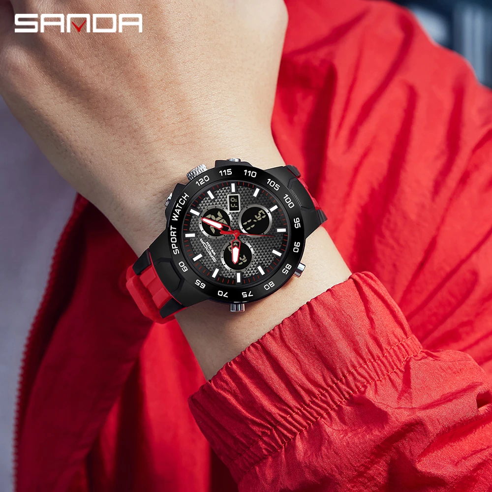 SANDA Top Luxury Brand Men's Watches Outdoor Sports Waterproof Dual Display Quartz Wristwatches Digital Relogio Masculino 3112
