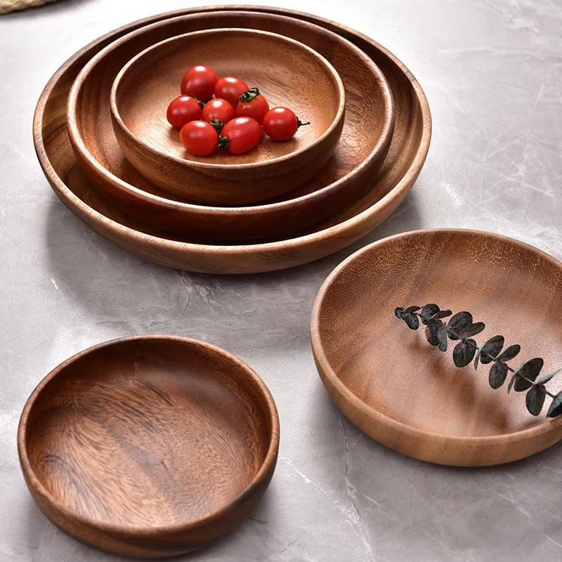 

Real Wood Salad Fruit Bowl Wooden Creative Vintage Disc Fruit Wood Tray Eco-Friendly Round Wooden Western Style Dining Plate