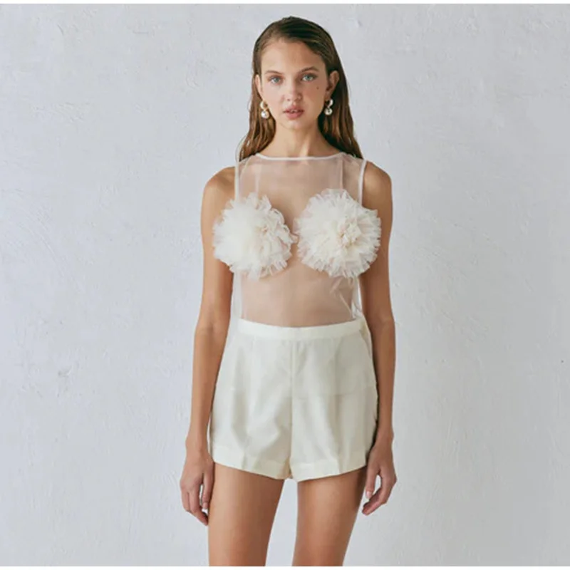 Sexy Mesh Hollow Out Vests Women Vintage 3D Flowers Sleeveless Solid Smock Vest Top Female Spring Elegant Chic Street Tops
