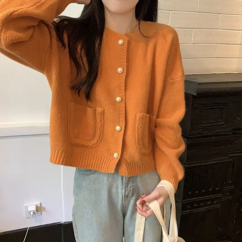 Casual Single-breasted Cardigan Autumn Winter Korean Solid Color Female Clothing Commute Basic Stylish Pockets Knitted Sweaters 4
