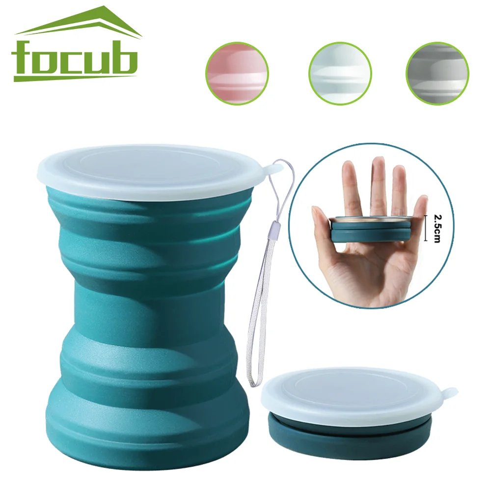 Portable Silicone Cup Foldable Travel Mug Heat Resistant Collapsible Water Cups with Lid Lanyard For Outdoor Camping Drinking