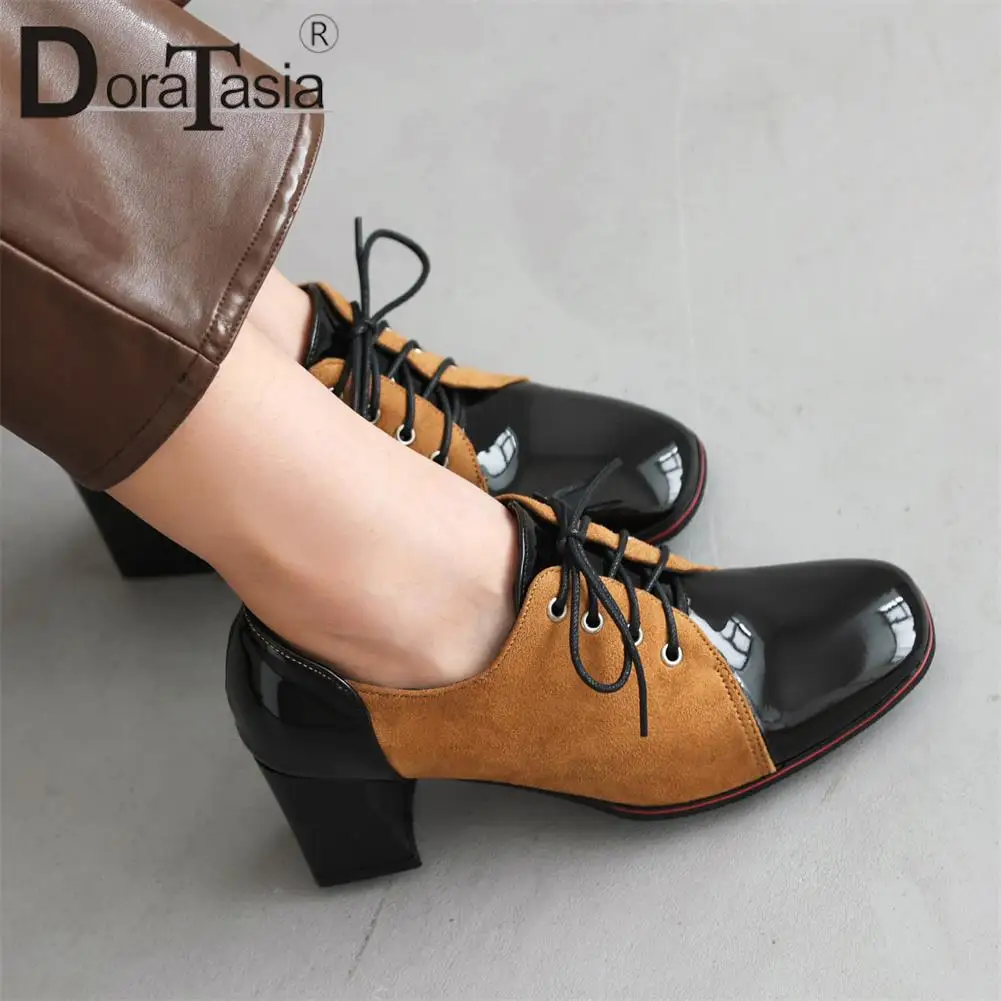 Brand New Ladies Round Toe Oxfords Pumps Fashion Lace-up Thick High Heel women's Pumps Party Office Vintage Brogue Shoes Woman