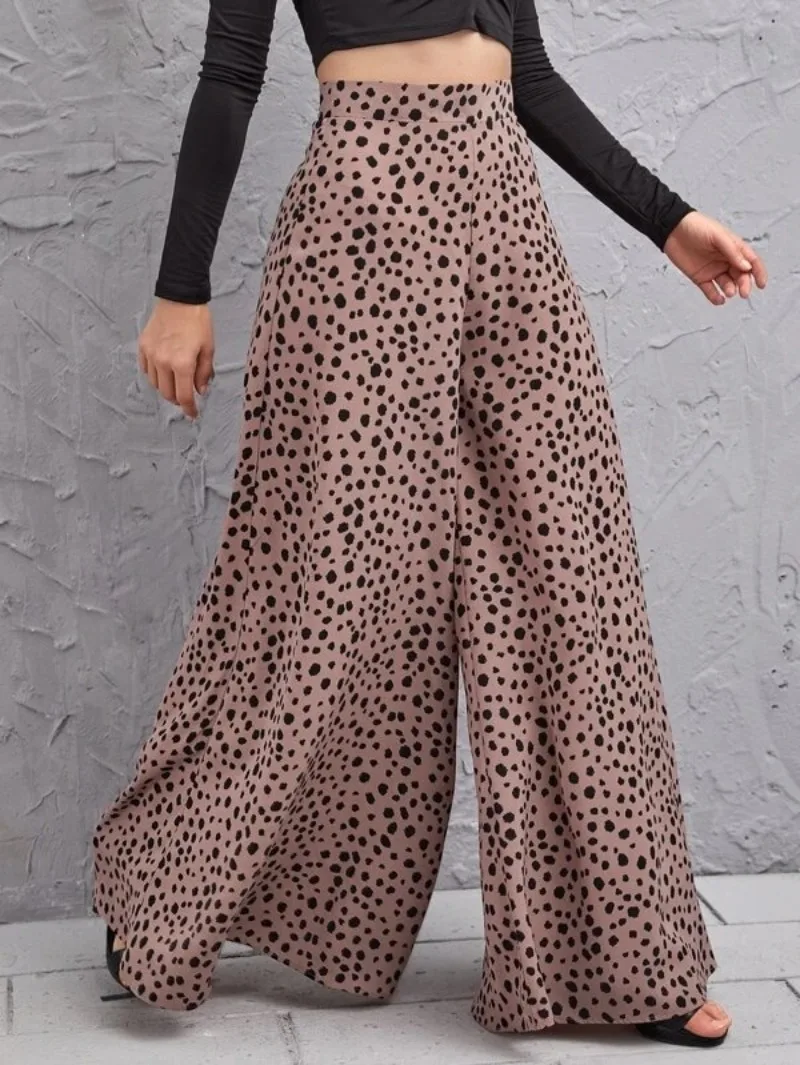 

Брюки женские широкие с завышенной талией, повседневные свободные штаны с леопардовым принтом, драпированные штаны с широкими штанинами, в Корейском стиле, лето 2024