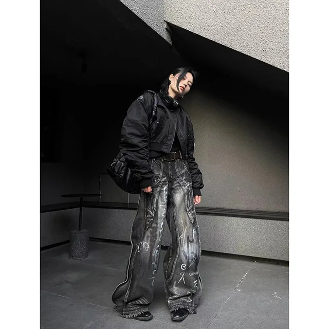Jean gothique noir pour femmes, Harajuku Y2k des années 90, pantalon en Denim Baggy esthétique, Punk coréen, vêtements poubelles Vintage des années 2000 2
