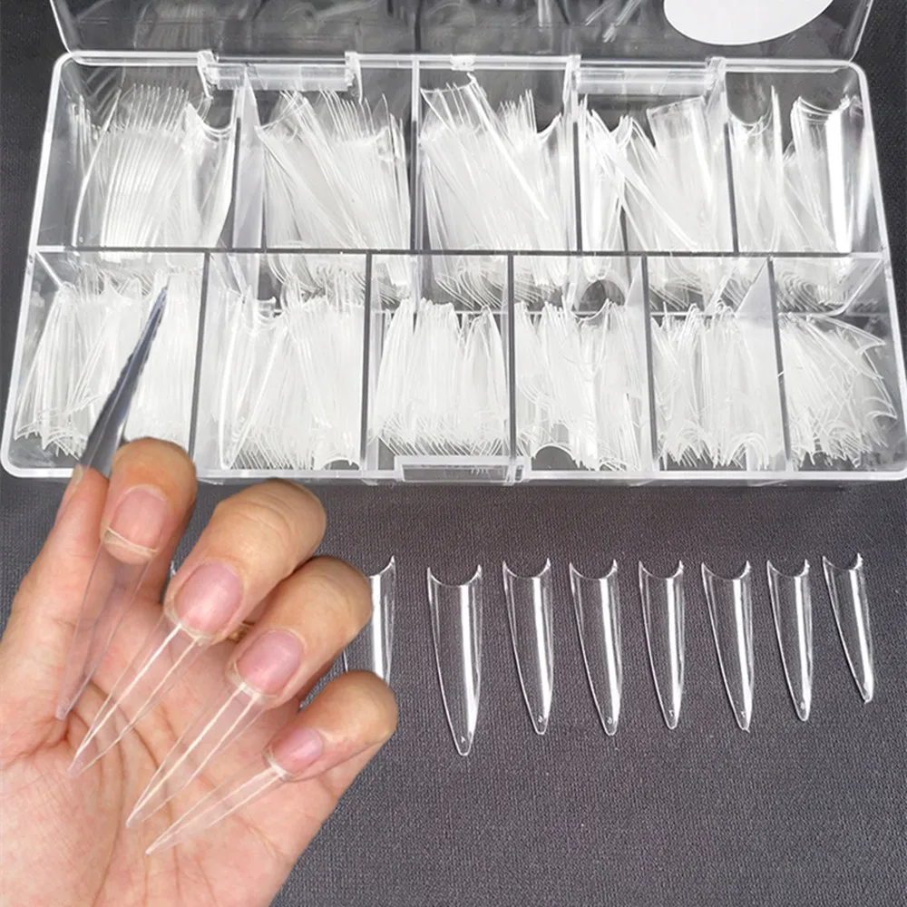 

500 PCS 10 Sizes Nail Art Tips Stiletto Pointy Full Cover False Nail Natural Style Acrylic UV Gel Fake Nail Salon French Acrylic