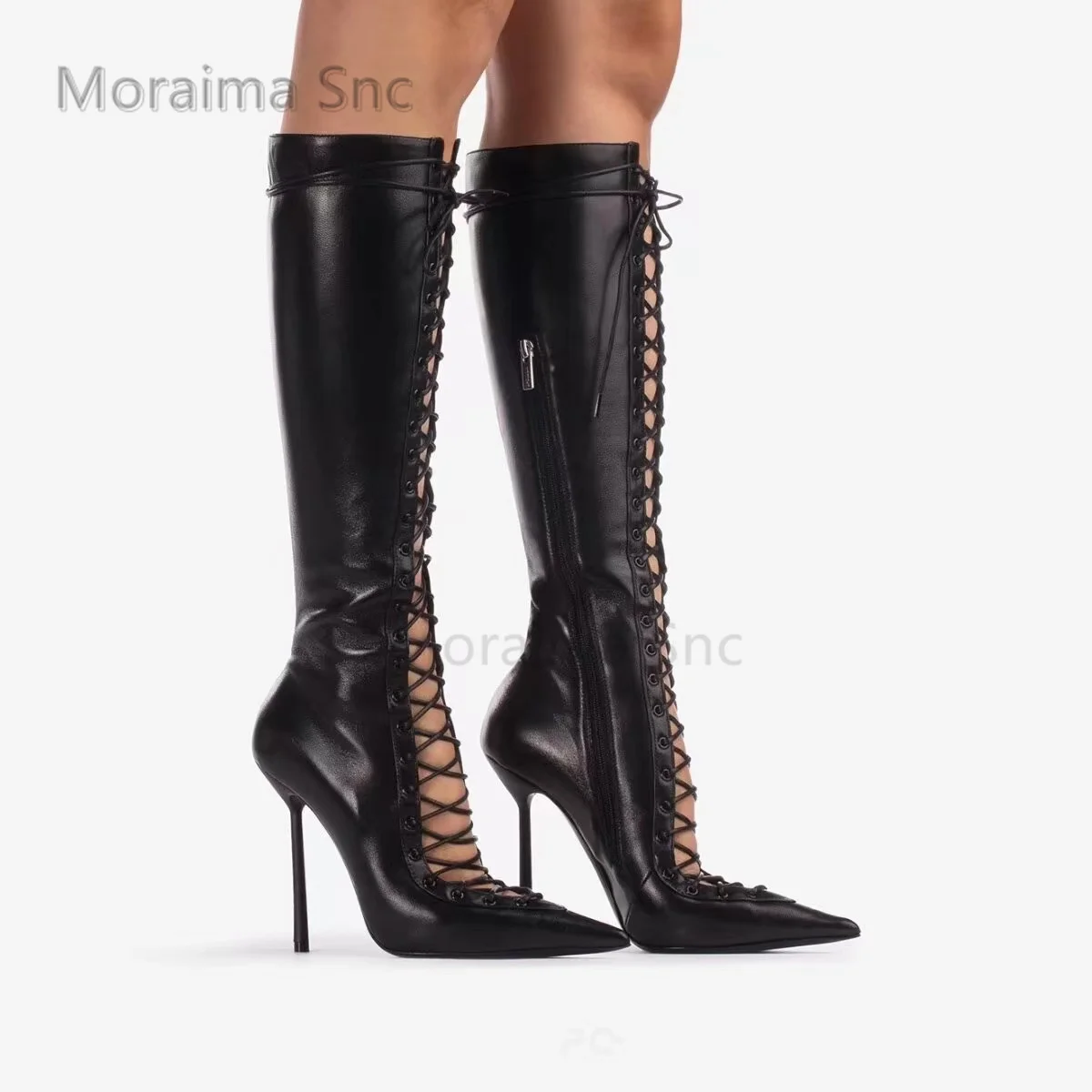 

Black Leather Knee High High Heel Boots for Women Pointy Cross Tied Hollow Sandals Boot Zipper Stiletto Sexy Summer Female Shoes