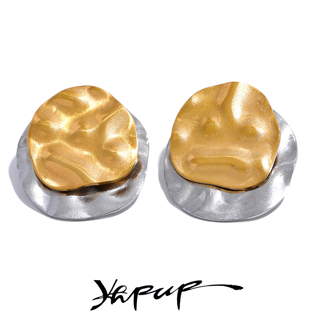 Yhpup Doppel Farbe Edelstahl Metall Geometrische Runde Stud Ohrringe Frauen Täglichen Verschleiß Schmuck Pendientes De Acero Inoxidable