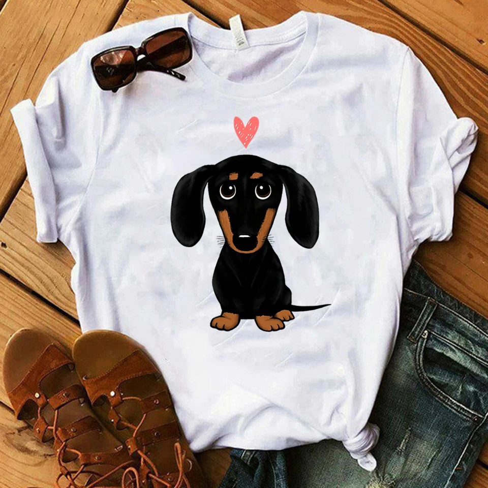 Dog Love Heart Print T-shirts Women Summer Clothes T Shirt Harajuku Graphic Tee Casual Short Sleeve Tops for Women Blusas Mujer black t shirt for men