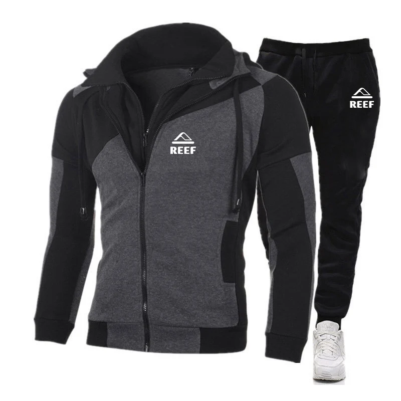 Reef 2023 Men New Autumn High Quality Diagonal Zipper Hoodie Popular Color Matching Tops+Casual Pants Two-Pieces Suit