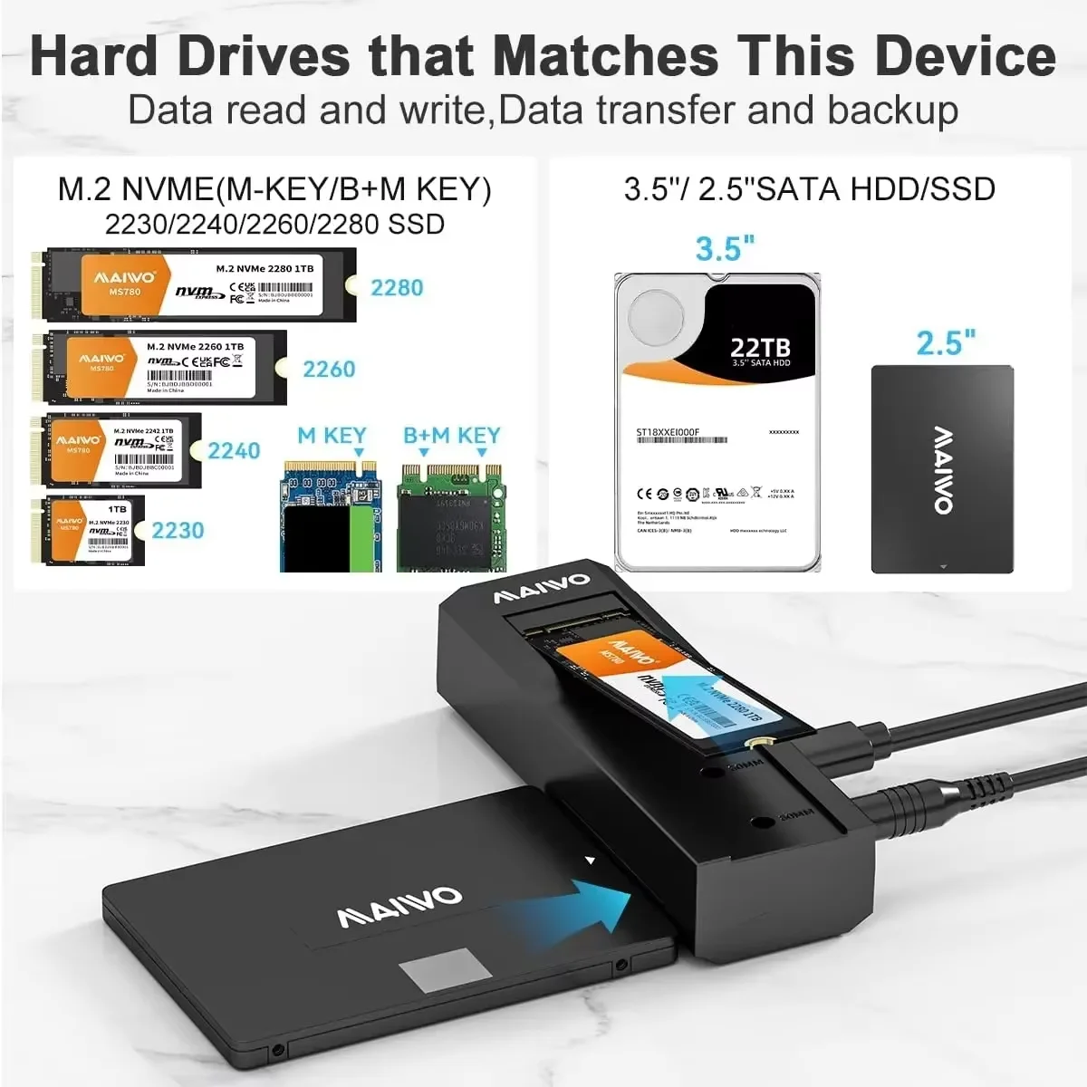MAIWO M.2 NVMe to 2.5'' 3.5'' 오프라인 복제 SSD/HDD 인클로저 M.2 to SATA SSD HDD 복제기 최대 10Gbps 독립형 복제 복사기