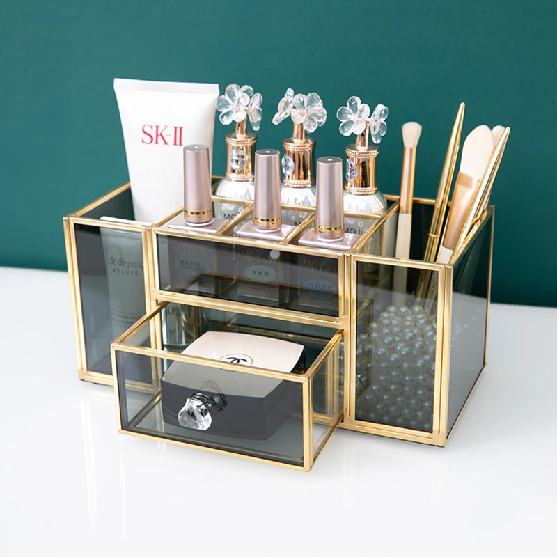 

Glass Makeup Organizer Golden Cosmetic Storage Box Pencil Box Perfume Makeup Tools Lipstick Organizer