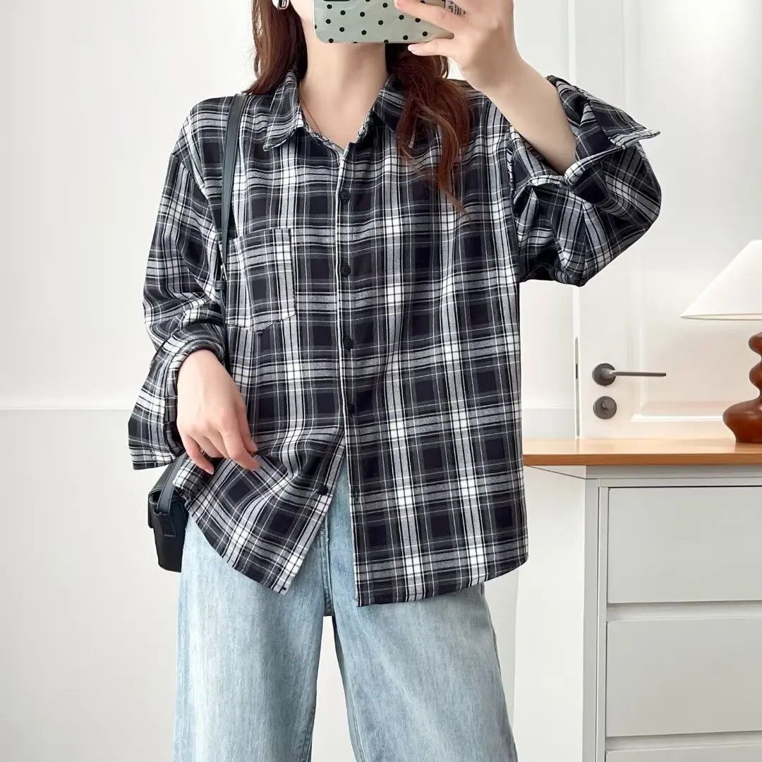XXXXL Fashion Plus Size Women's Shirt 2025 Autumn New Style Simple Retro Classic Brushed Plaid Blouses 770