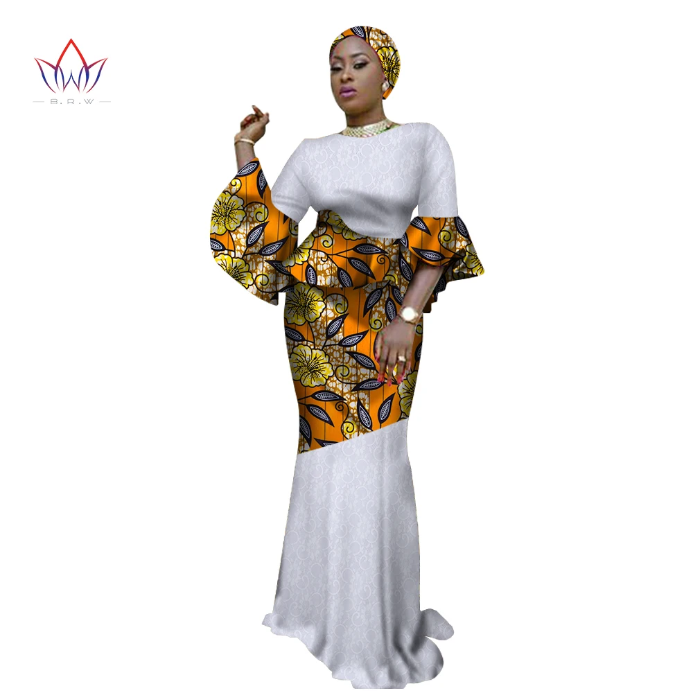 

BintaRealWax African Print Fabric & White Lace Patchwork African Skirt Set for Women Lace Dress for Wedding Party WY3186