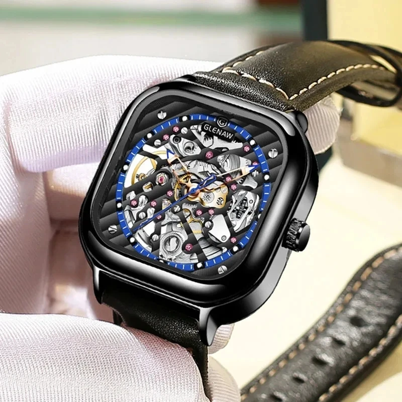 

GLENAW Design Square Mechanical Watch for Men Fashion Business Luminous Waterproof Steampunk Hollow Watches Relogio Masculino