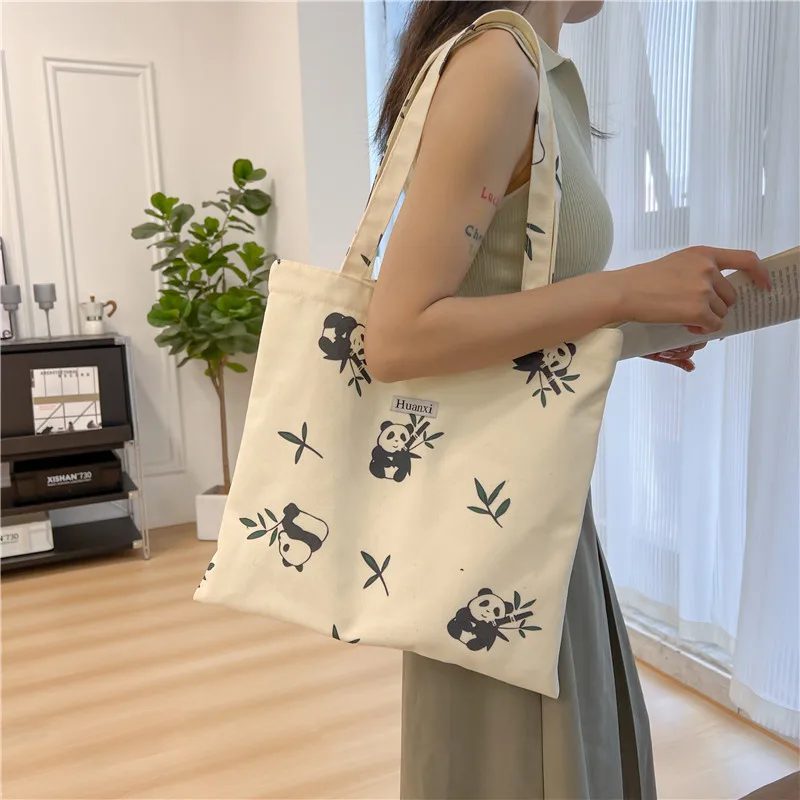

Casual Canvas Storage Bag Cute Cartoon Panda Bamboo Printed Student Shoulder Bag Large Capacity Shopper Bags Trendy All-match