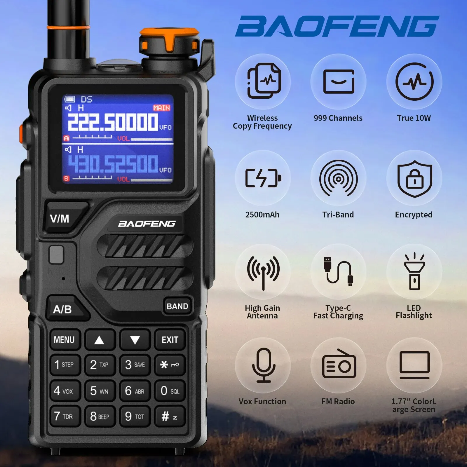 Baofeng-batería K5 Plus de 10 vatios, 136-174/220-260/400-480MHz, tipo C, 2500mAh, 999CH