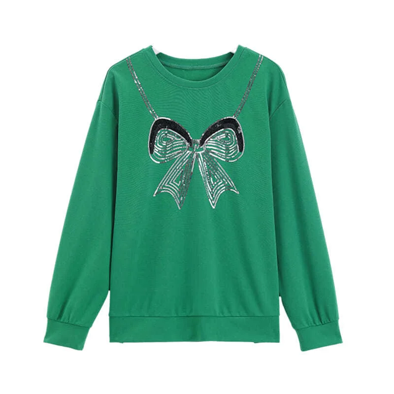 

Fashion Long Sleeve Sequined Spliced Pullovers Female Spring Autumn Round Neck Solid Color Loose Sweatshirts Women's Clothing