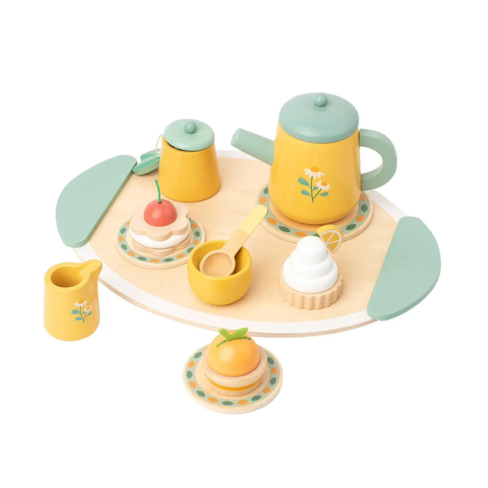 Wooden Tea Party Set Mini Teapot Plates Afternoon Tea Set Miniature Decor Cake Toys Miniature Tea Cups Set for Age 3 4 5 6