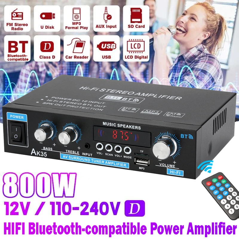 musical instrument amplifiers AK35 800W Home Car Amplifiers 2 Channel bluetooth 5.0 Surround Sound FM USB Remote Control Mini HIFI Digital Amplifier Stereo bluetooth amplifier