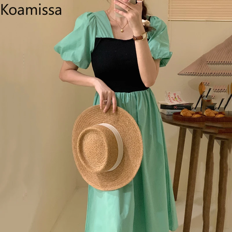 

Koamissa Korean Chic Temperament Stitching Patchwork High Waist Dresses Women's Summer New Puff Sleeve A Line Bodycon Vestidos