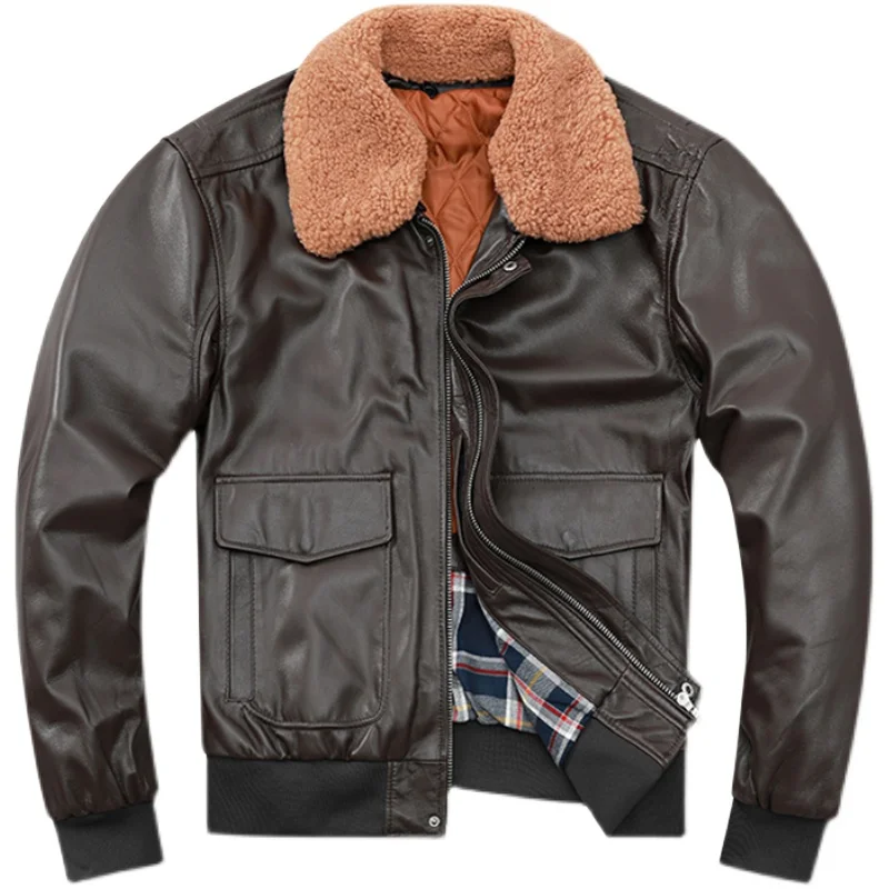 Men Sheepskin Dark Brown Air Force Flight Suit Genuine Leather Clothes European Version plus Size Cotton Jacket Baggy Coat