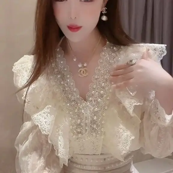 중공업 비즈 러플 레이스 셔츠, 봄 및 여름, 버블 슬리브, V넥 탑, 신상 패션