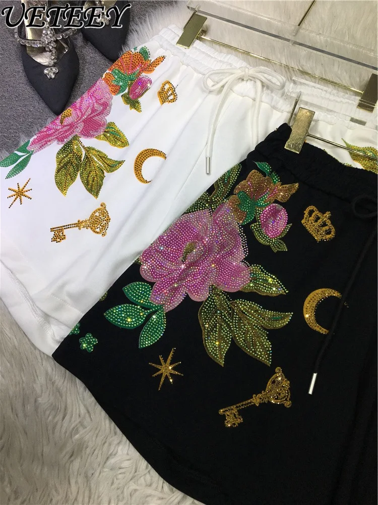 Oversize Plump Girls Heavy Embroidery Hot Drilling Shorts Women's High Waist All-Matching Elastic Waistband Wide Leg Short Pants