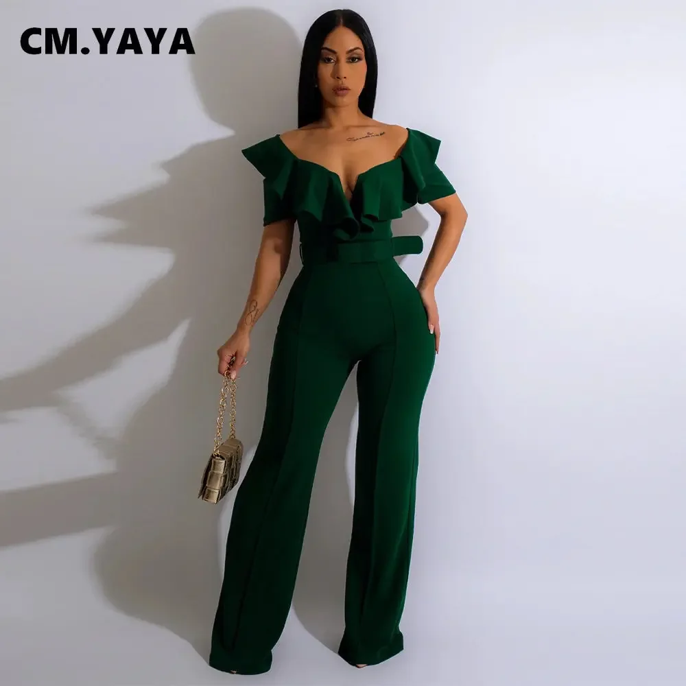 CM.YAYA 빈티지 여성 나비 소매 지퍼 백 허리띠 허리 스트레이트 와이드 다리 Jumpsuit 2023 파티 이브닝 원피스 세트