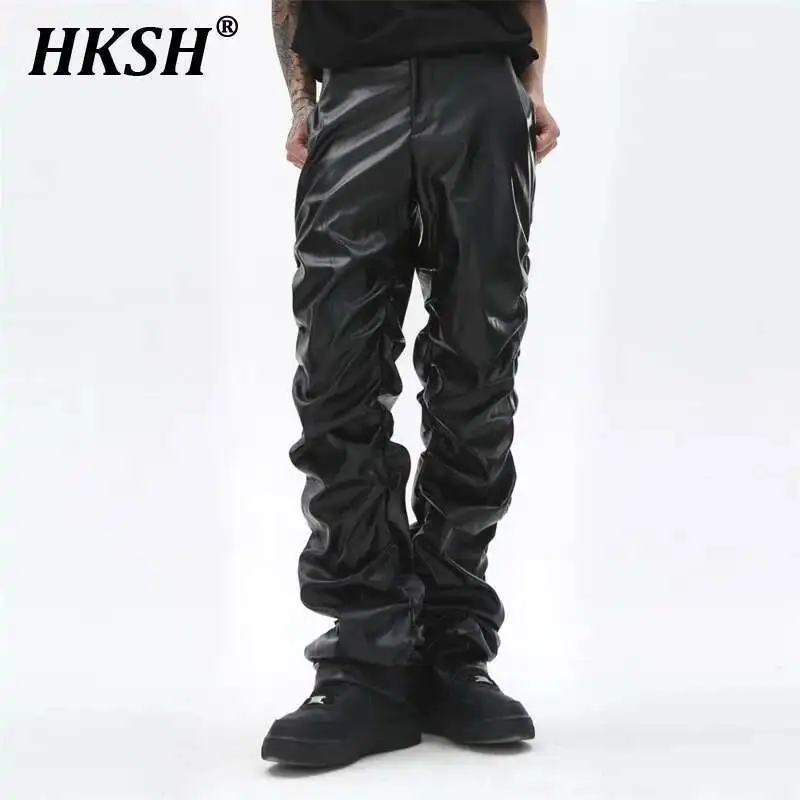 HKSH Dark Punk Niche Design Shiny Pleated PU Leather Pants Men's Autumn New Tide Dark Ins China-Chic Hip-hop Loose Casual HK3466