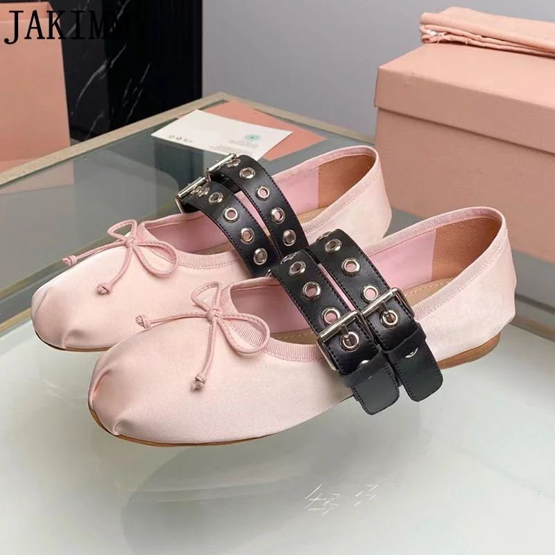 

Summer Brand Silk Bow Knot Ballet Flats Shoes Women Round Toe Belt Buckle Banquet Flat Loafers Shoes For Women Walking Shoes