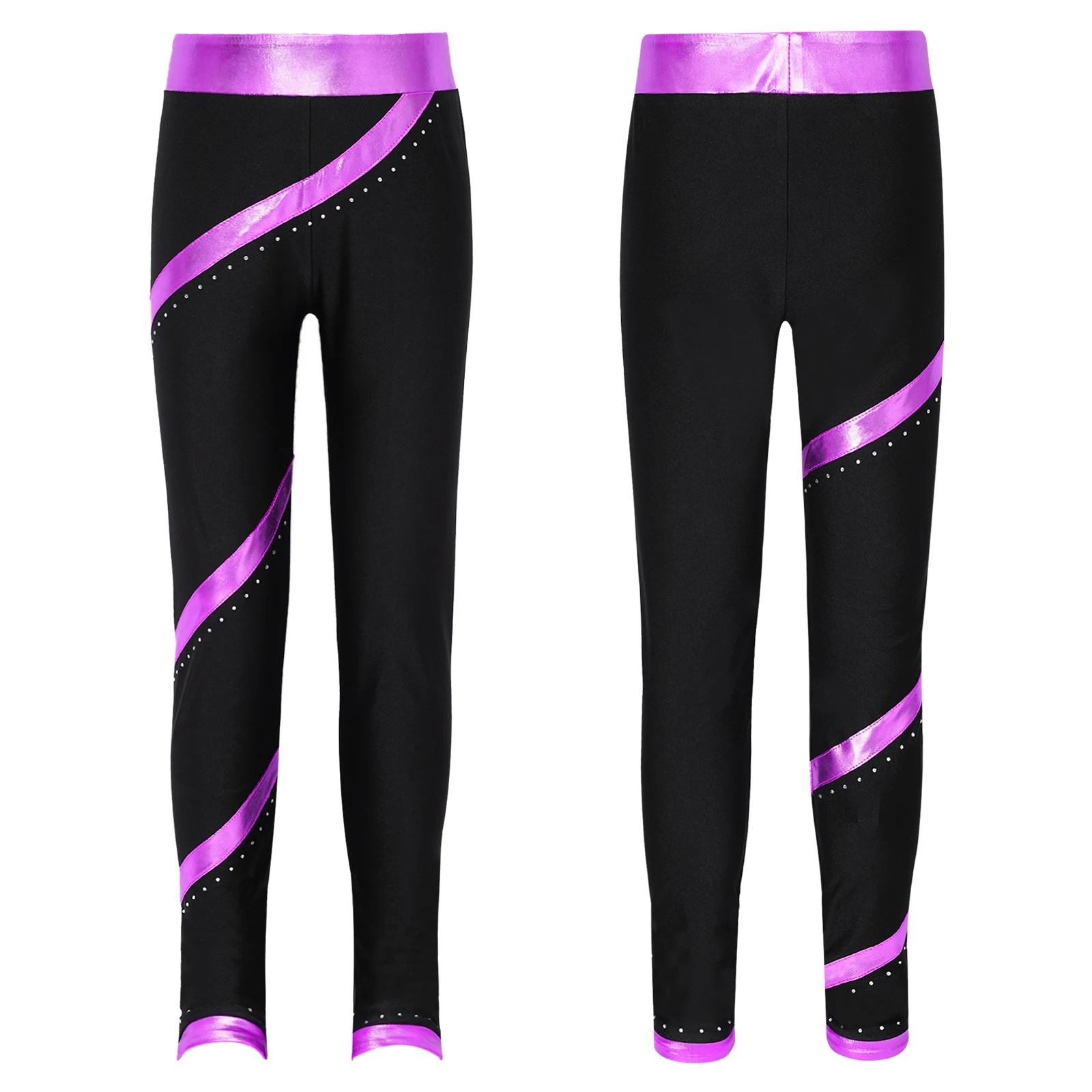 Kids Girls Sports Pants Figure Skating Gymnastics Performance Workout Leggings Costume Shiny Rhinestones Metallic Striped Pants