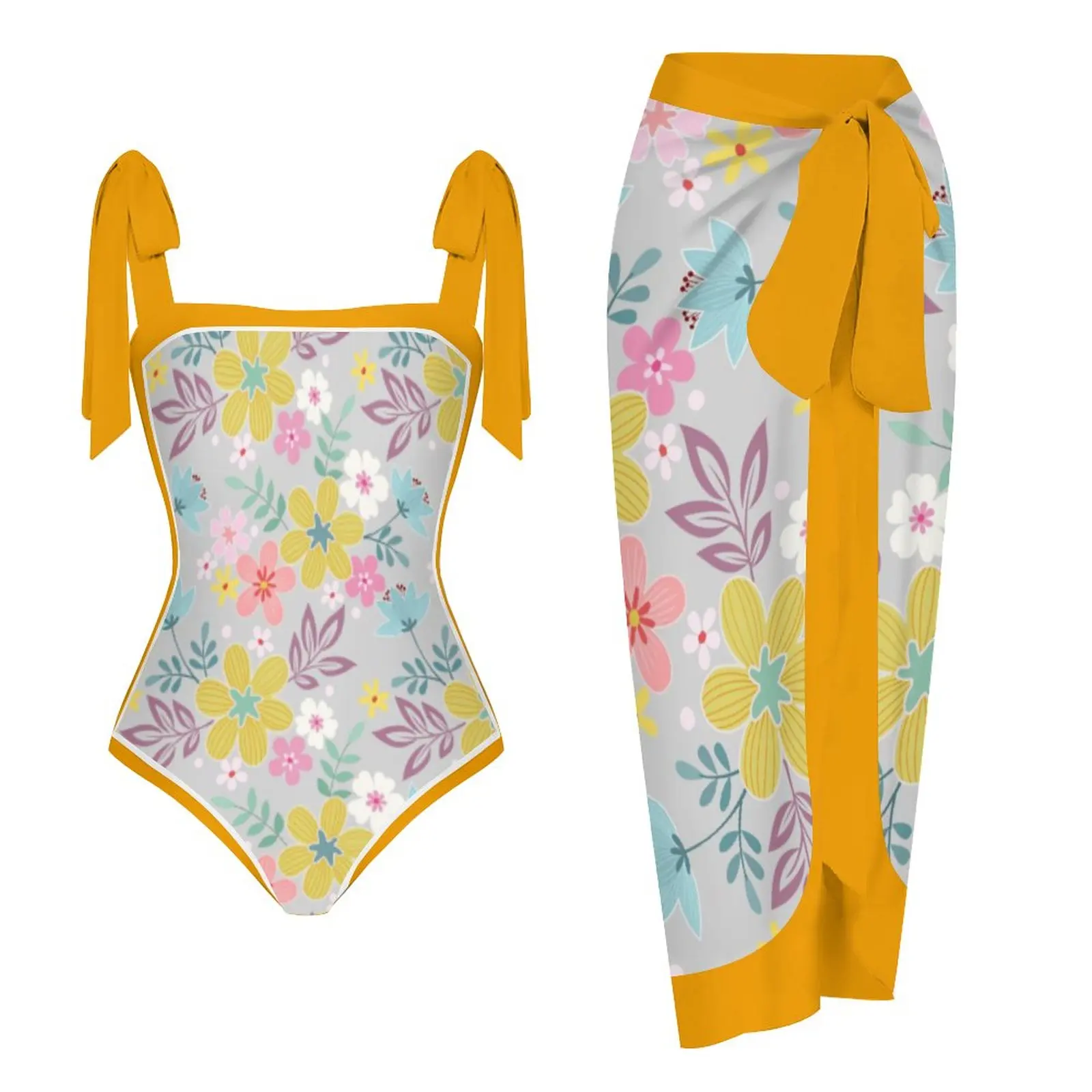 

2023 New Two Piece Push Up Women Bikini Set Skirt Floral Printed Bikinis Strappy Bandage Swimwear Brazilian Biquini Bathing Suit