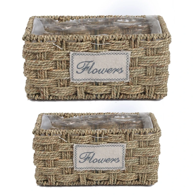 

Woven Grass Rectangle Planter Basket Flower Pot Container with Plastic Liner
