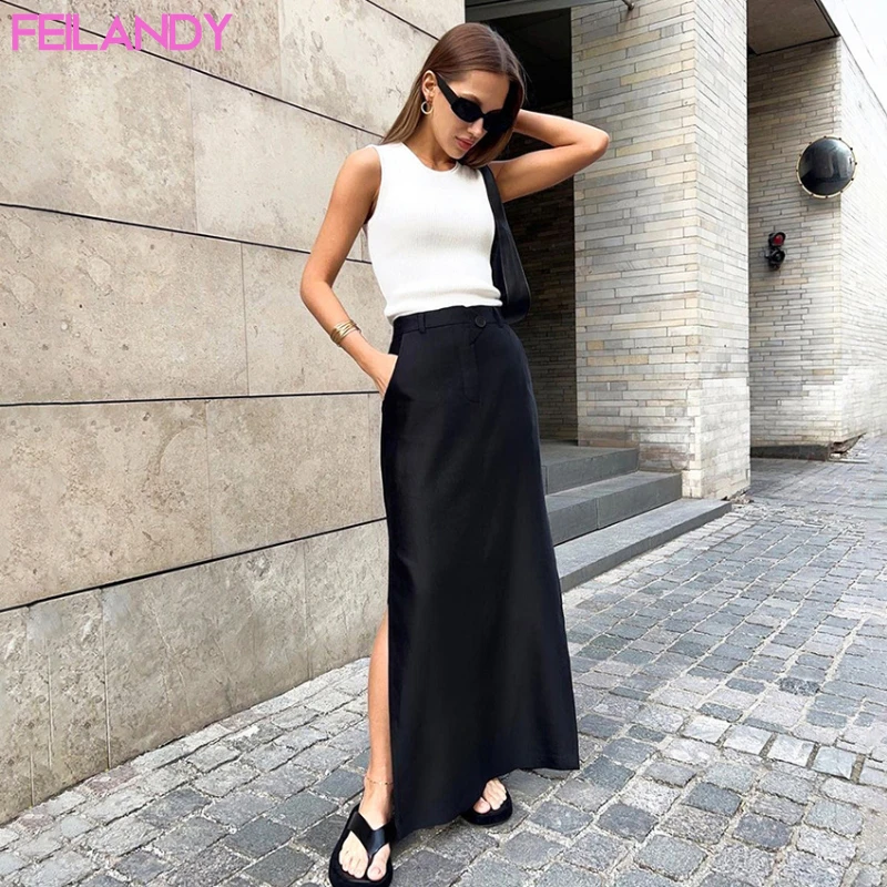 

Feilandy Split Half Skirt Simple Black Casual Versatile Mid Length Women Dress Elegant Style Design Office Ladies A-line Skirt