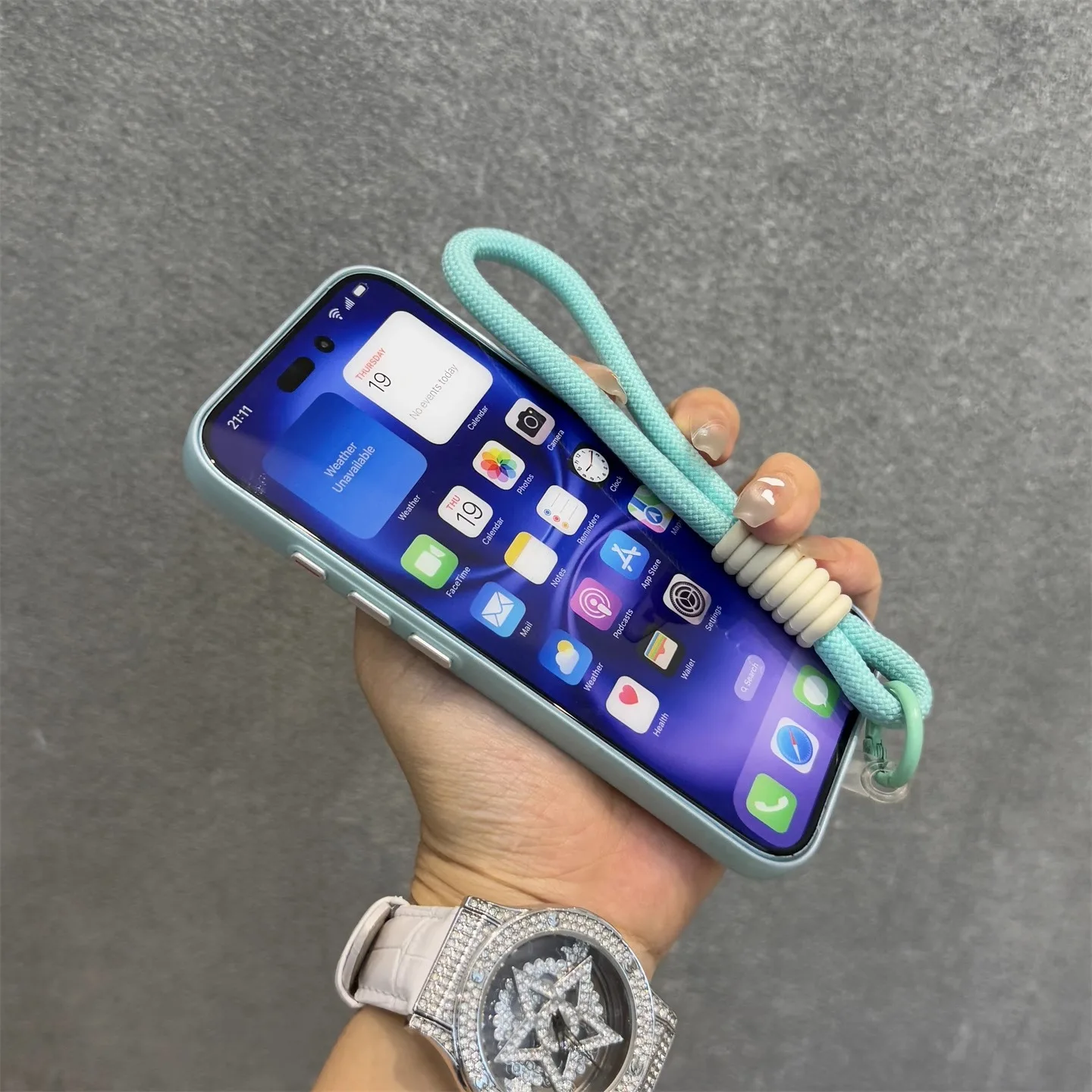Luxury Titanium Gray Lanyard Phone Case with Metal Buttons and Grating Design