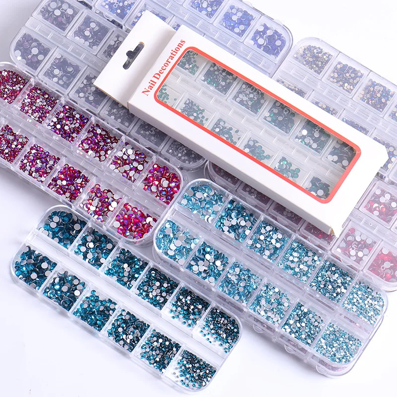 

12 Grids Flat Bottom Diamond 1500pcs Mixed Size Beads Glass Rhinestone for Face Decoration Dental Crystals Nail Art Accessorie