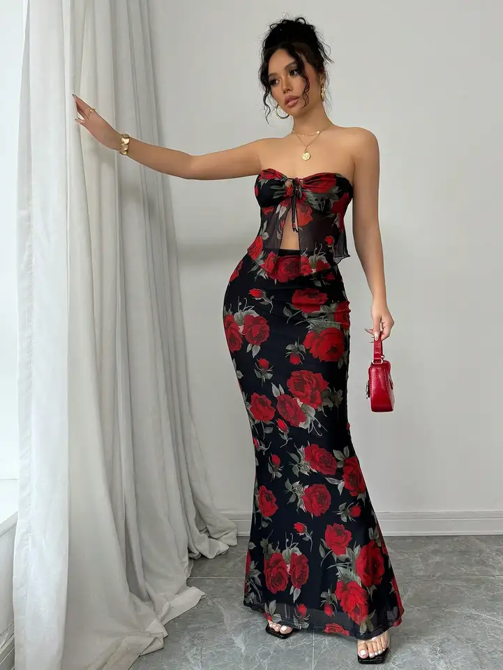 Red Rose Print Two Piece Strapless Set
