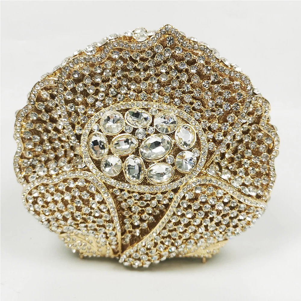 

New White Gold Metal Flower Evening Bag Wedding Clutches Luxury Party Purses Crystal Women Minaudiere Purses