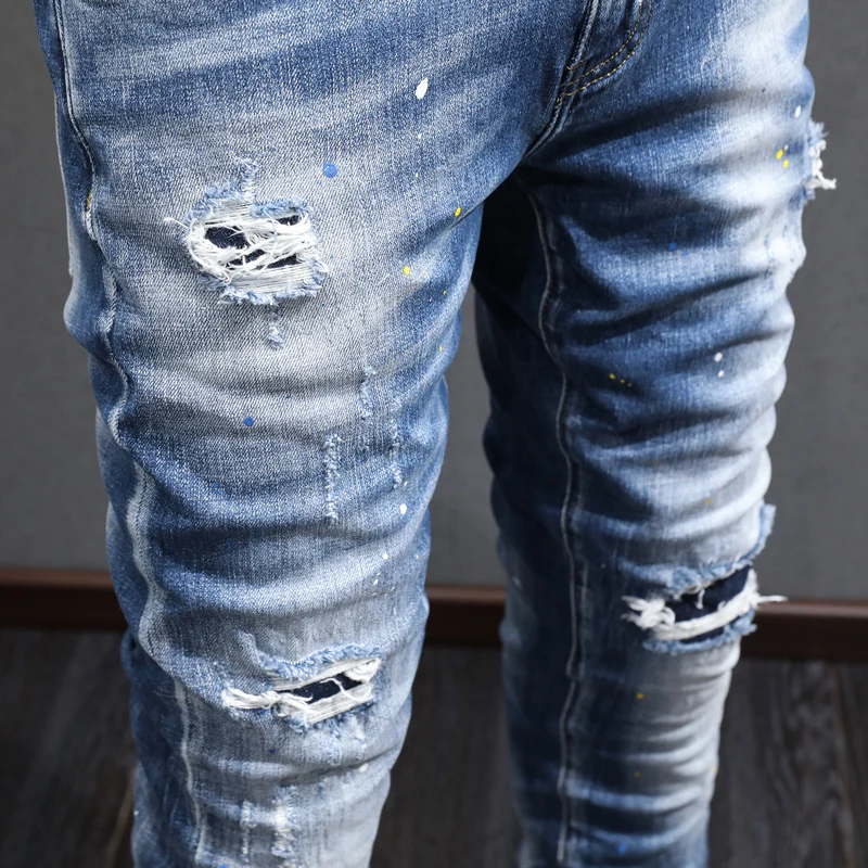 High Street Fashion Split Men's Jeans Vintage Washed Blue Elastic Tight Jeans Men's Panel Designer Vintage Denim Pants
