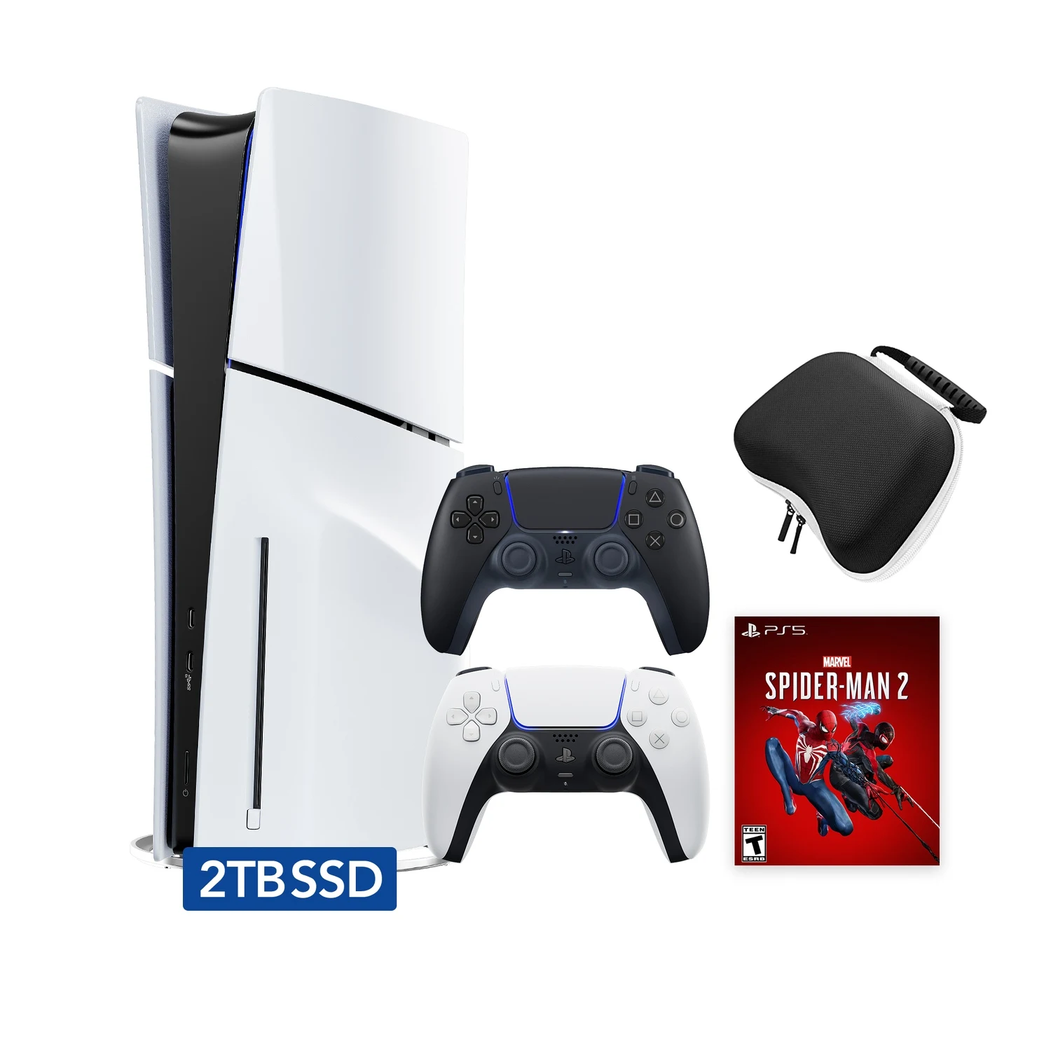 PS5 Slim Disc 2TB SSD Marvel's Spider-Man 2 Bundle, dos controladores blanco y negro medianoche DualSense, funda protectora incluida